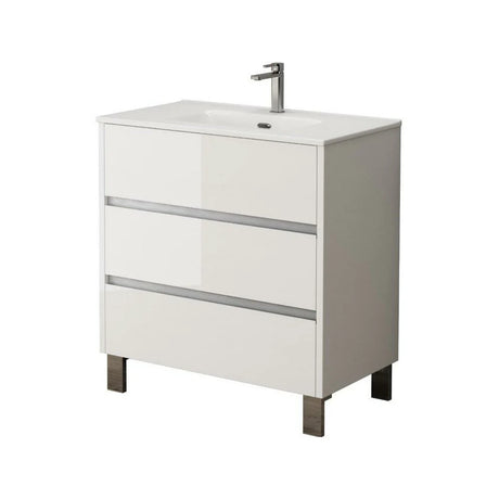 Modern gloss white freestanding bathroom vanity unit with three drawers, integrated ceramic basin and chrome tap, featuring grey metal handles and dark wooden legs, 80cm width