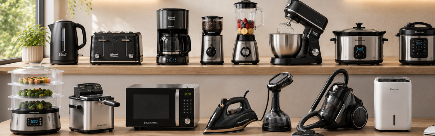 Various kitchen appliances on a wooden shelf with a window in the background.