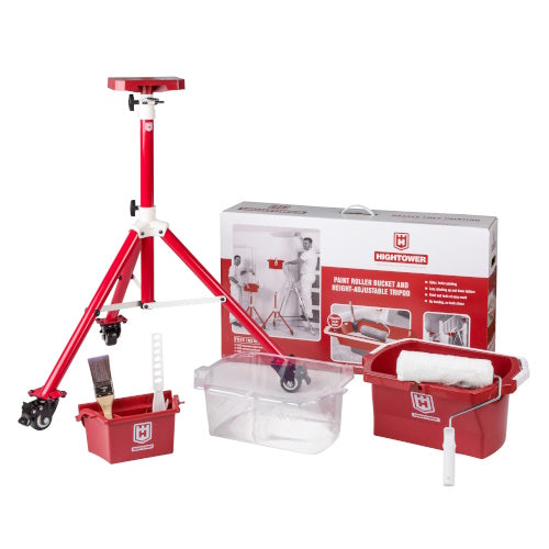 Red and white Hightower telescopic paint bucket system with adjustable height stand, featuring tripod base with wheels, paint buckets, and product packaging box displayed together