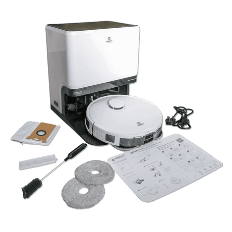 Homebot Glider robotic vacuum cleaner product display showing white and black robot vacuum with docking station, accessories including gray microfiber cleaning pads, brush, dust bag, charging cable, and instruction manual on white background