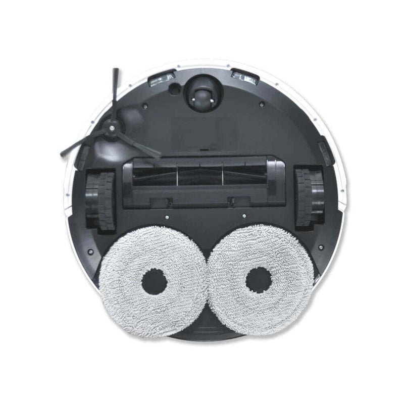 Top-down view of a white and black robotic vacuum cleaner with two circular microfiber mop pads, showing the dark upper chassis with camera, side brushes, and dustbin compartment