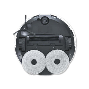 Top-down view of a white and black robotic vacuum cleaner with two circular microfiber mop pads, showing the dark upper chassis with camera, side brushes, and dustbin compartment