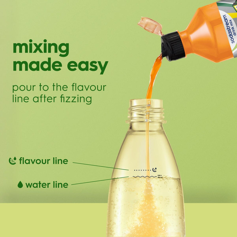 SodaStream Mountain Dew Diet Energy flavour bottle showing orange concentrate being poured into a clear bottle with water and flavour line markers on a lime green background with mixing instructions text