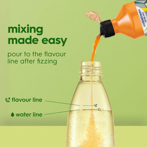 SodaStream Mountain Dew Diet Energy flavour bottle showing orange concentrate being poured into a clear bottle with water and flavour line markers on a lime green background with mixing instructions text