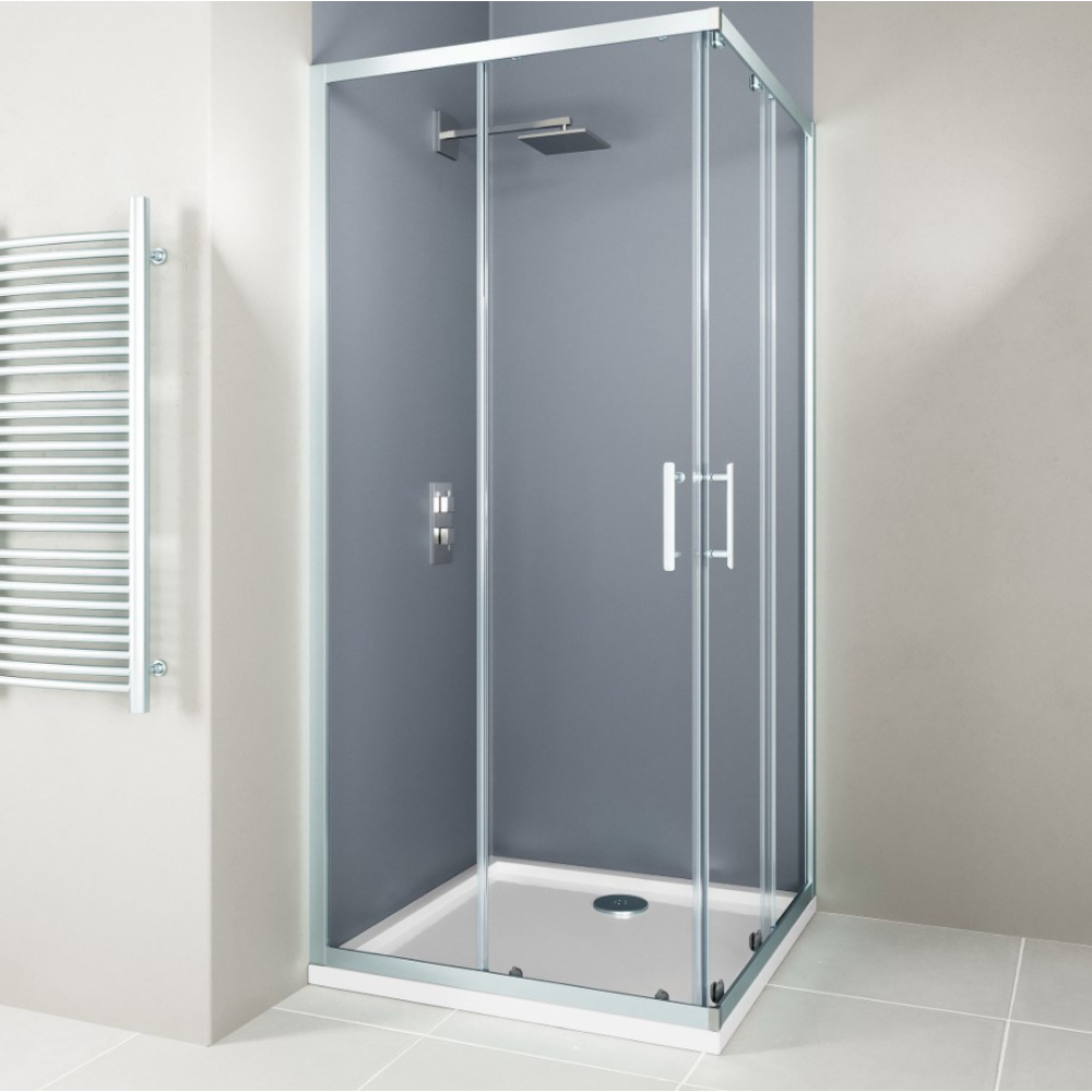 Flair Hydro Express chrome corner entry shower enclosure with frosted grey glass panels and white base tray, featuring dual sliding doors and chrome handles in a modern bathroom setting