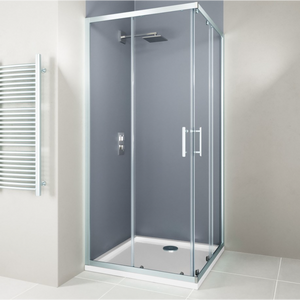 Flair Hydro Express chrome corner entry shower enclosure with frosted grey glass panels and white base tray, featuring dual sliding doors and chrome handles in a modern bathroom setting