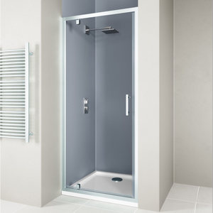 Flair Hydro Express pivot shower door in chrome with clear glass panels and white frame, 760-900mm width, featuring grey tile walls and rainfall showerhead in modern bathroom setting