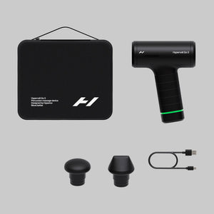 Hyperice Hypervolt Go 3 percussion massage gun in black with carrying case, two interchangeable massage heads, charging cable and user manual displayed on grey background