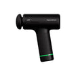 Hypervolt Go 3 black percussion massage gun with ergonomic handle, green accent band, and circular massage head attachment displayed against white background