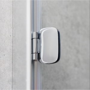 Close-up of a chrome and matte black hinge door frame showing a rounded rectangular mirror mounted on polished chrome hardware against a concrete wall background