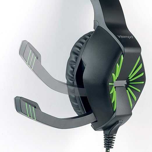 Intempo gaming headset with microphone featuring black ear cups with green fan-shaped accents, flexible gray microphone boom arms, padded headband and ear cups, shown against white background