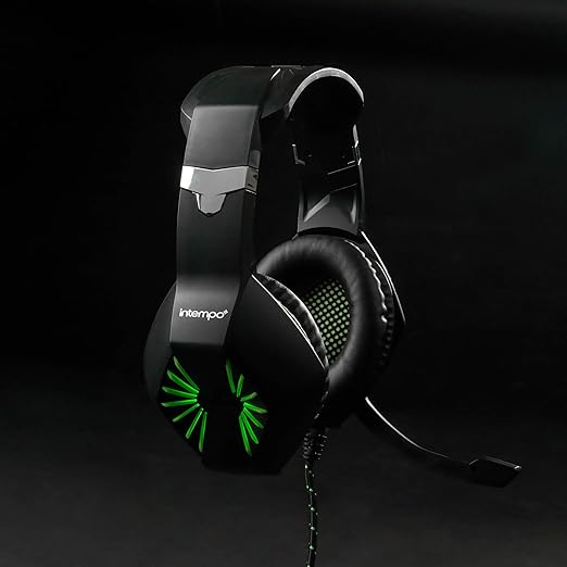 Intempo black gaming headset with green LED lights and microphone, studio product shot against dark background