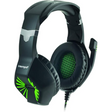 Black gaming headset with green accents on a white background