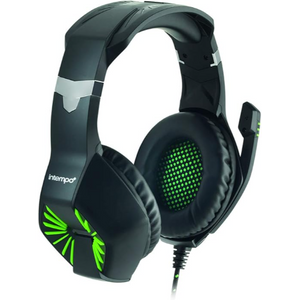 Black gaming headset with green accents on a white background