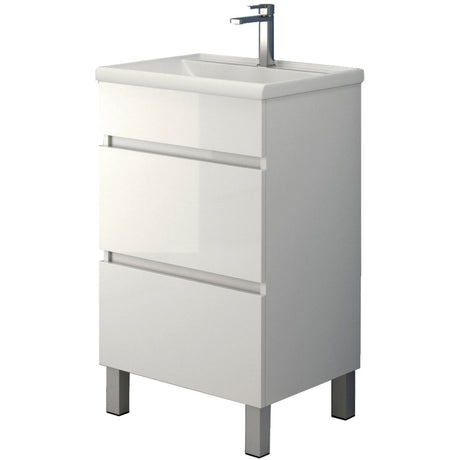 Jasmine 50cm white gloss 2 drawer vanity unit with rectangular ceramic basin and black square faucet on metal legs