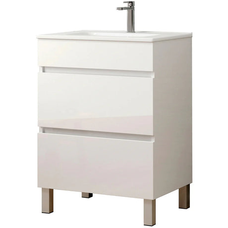 White gloss floor standing bathroom vanity unit with ceramic basin, two drawers and wooden legs, 60cm Jasmine style