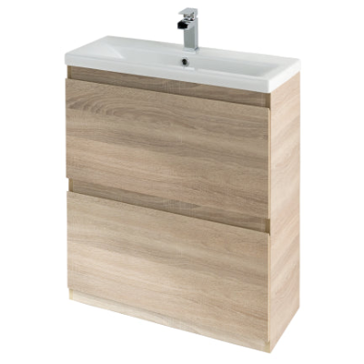 Modern freestanding bathroom vanity unit with two drawers in Nebraska oak finish, white ceramic sink basin and chrome tap, 600mm width