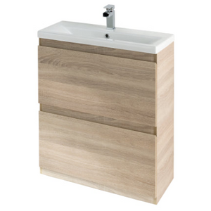 Modern freestanding bathroom vanity unit with two drawers in Nebraska oak finish, white ceramic sink basin and chrome tap, 600mm width