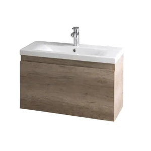 Modern wall-hung bathroom vanity unit in Nebraska Oak with white ceramic sink and chrome tap, 800mm width