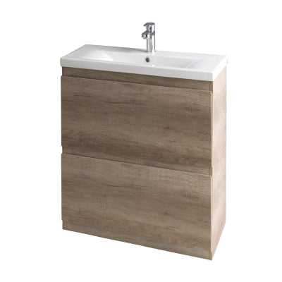 Modern freestanding bathroom vanity unit in Nebraska Oak with two drawers, white ceramic basin and chrome tap, 600mm width