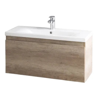 Wall-mounted bathroom vanity unit in Nebraska oak with white ceramic sink and chrome tap, 800mm width, modern minimalist design