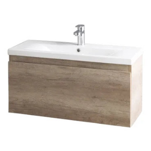 Wall-mounted bathroom vanity unit in Nebraska oak with white ceramic sink and chrome tap, 800mm width, modern minimalist design
