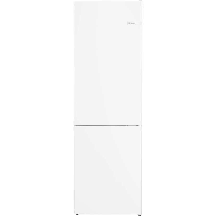 Bosch Series 4 white freestanding 60/40 fridge freezer with split door design, stainless steel handle and digital display panel
