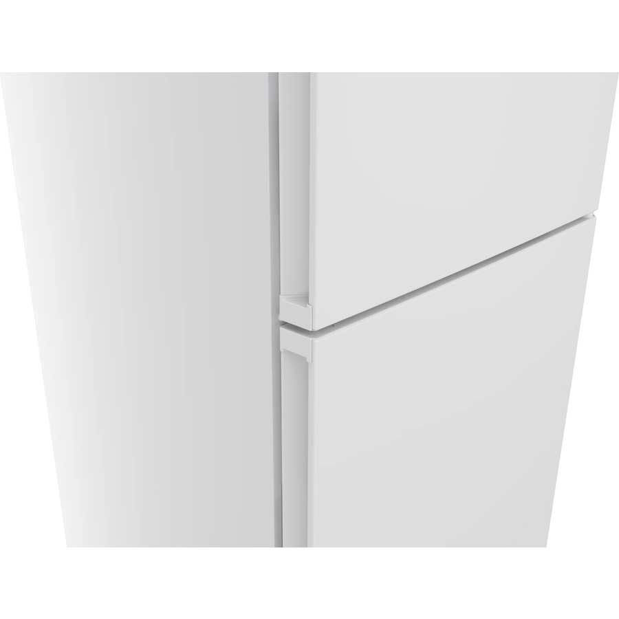 White Bosch Series 4 fridge freezer with side-by-side doors and stainless steel handle detail, front view showing closed refrigerator unit