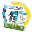 AquaPlus Professional Super Soft 30 metre yellow knitted garden hose with blue and black spray nozzle accessory set displayed on packaging showing included fittings and features