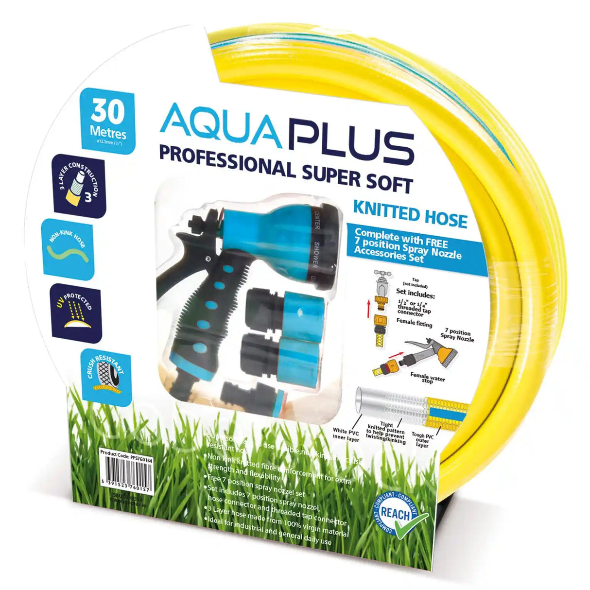 AquaPlus Professional Super Soft 30 metre yellow knitted garden hose with blue and black spray nozzle accessory set displayed on packaging showing included fittings and features