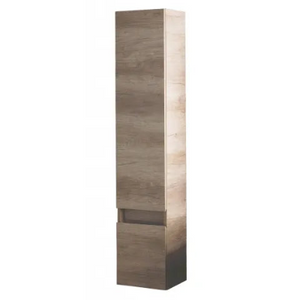 Tall narrow freestanding vanity unit in Nebraska Oak finish with dark lower drawer section and light wood upper cabinet, modern minimalist design