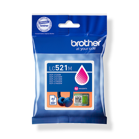 Brother LC521M Magenta ink cartridge in blue retail packaging with product details and compatibility information