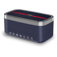 Red Bull Racing blue Bluetooth speaker alarm clock radio with chrome trim and fabric body featuring control buttons and dark display screen with red stripe branding