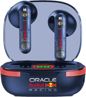 Oracle Red Bull Racing blue true wireless earbuds with charging case, featuring transparent design showing internal components, red accent stripe, and gold control buttons