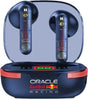 Oracle Red Bull Racing blue true wireless earbuds with charging case, featuring transparent design showing internal components, red accent stripe, and gold control buttons