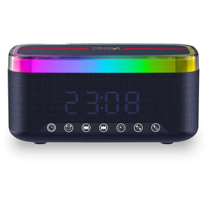 Red Bull Racing RB-SK300 Bluetooth alarm clock radio speaker with dark grey fabric body, rainbow gradient LED display strip showing 22:30, and seven touch-control buttons on black front panel