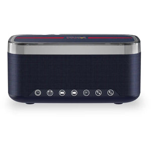 Red Bull Racing blue Bluetooth speaker with dark fabric body, clear top panel, and control buttons including playback and volume controls, displayed against white background