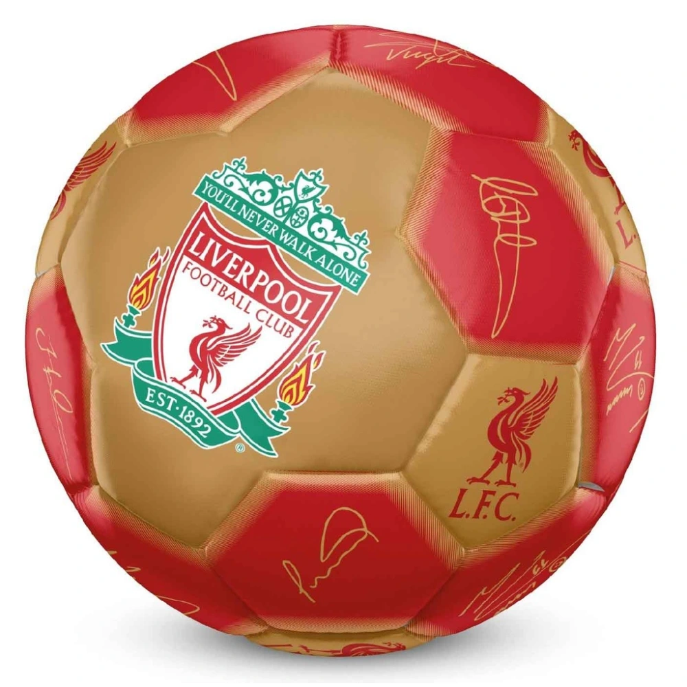 Red and gold soccer ball with Liverpool Football Club logo on a white background