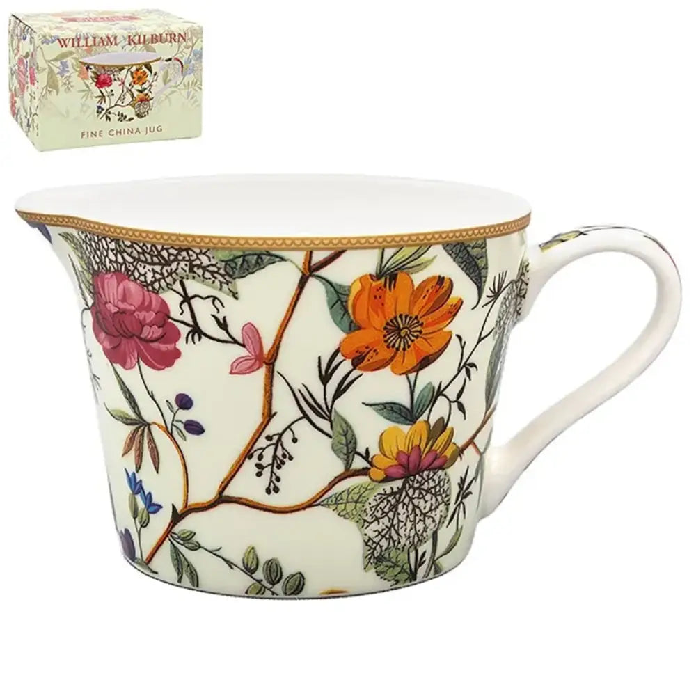 William Kilburn fine china cream jug with hand-painted botanical floral design featuring pink, orange, and yellow flowers on cream porcelain with gold trim, shown with product packaging box