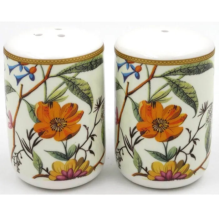 William Kilburn salt and pepper shaker set featuring fine bone china cylindrical shakers with hand-painted botanical floral design including orange and yellow flowers with green leaves, gold decorative trim band, and white ceramic lids with silver holes