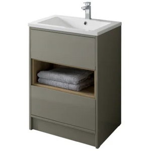 Lucca taupe grey floor standing bathroom vanity unit with white ceramic sink, chrome tap, open shelf with folded grey towels and drawer storage