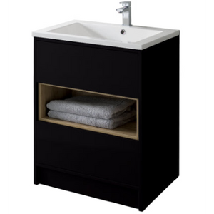 Black floor standing bathroom vanity unit with white ceramic sink, chrome faucet, and open shelving compartment displaying folded towels