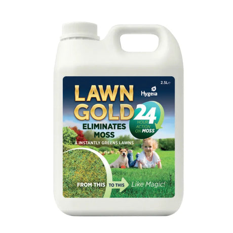 Hygeia Lawn Gold 2.5 litre bottle moss eliminator with blue and gold label showing before and after lawn transformation and family on green grass