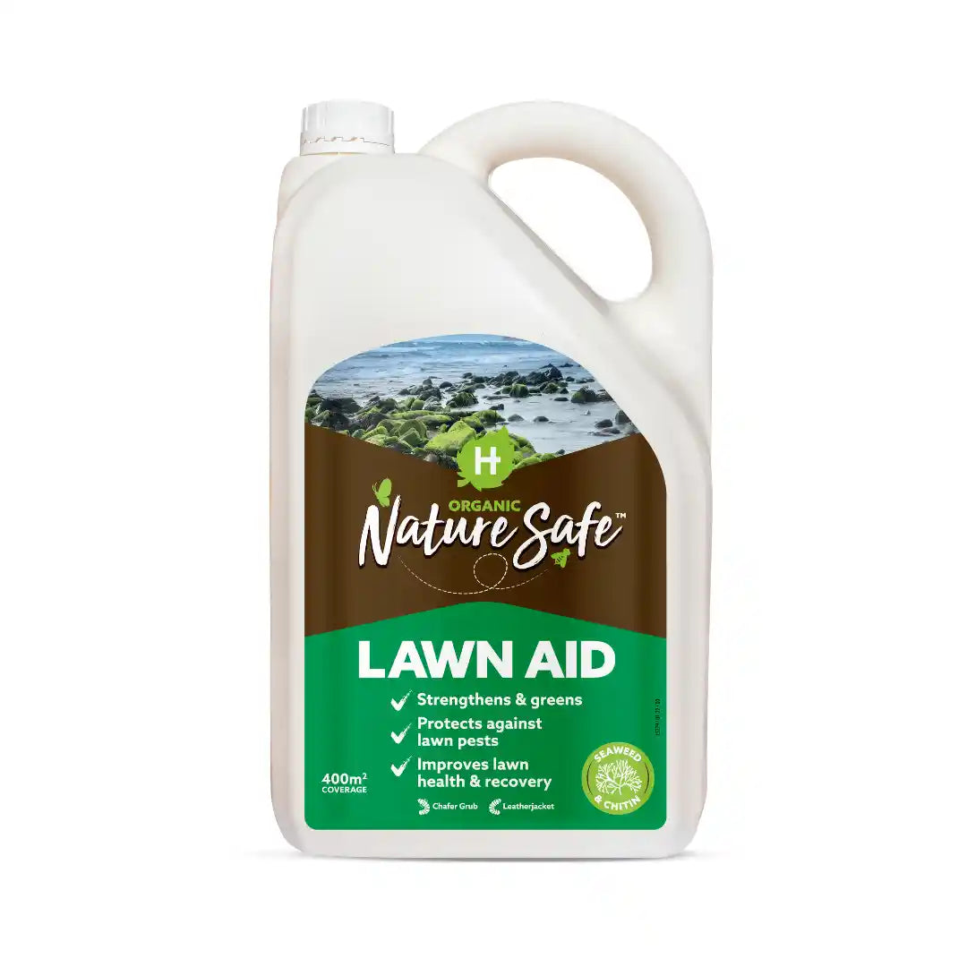 Hygeia Organic Nature Safe Lawn Aid 5 litre plastic bottle with white container, green label band, and coastal seaweed imagery, featuring checkmarks for lawn strengthening and pest protection benefits