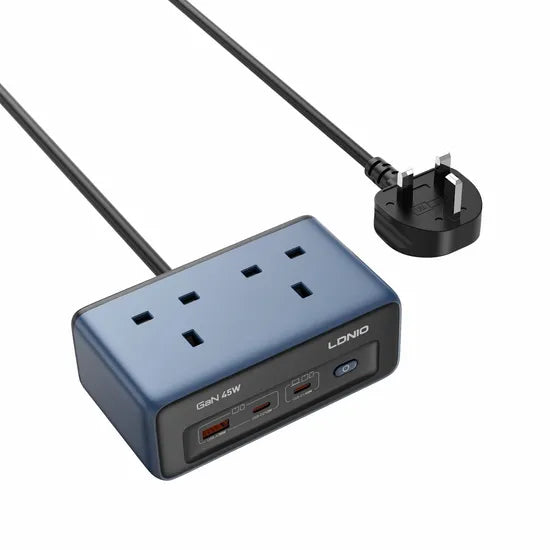 Ldnio 5 in 1 desktop power strip with blue top panel featuring 6 UK power sockets, black base with USB and USB-C ports, and attached black UK plug cable