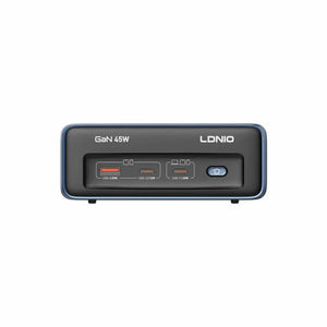 LDNIO GaN 45W black desktop power strip with multiple USB-C and USB-A ports and power switch on white background