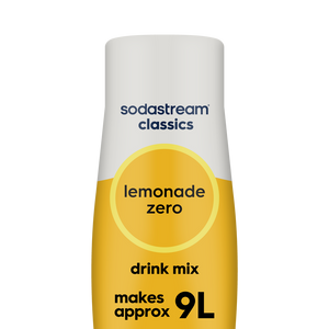 SodaStream Classics Lemonade Zero drink mix bottle with white cap and yellow label, makes approximately 9 liters