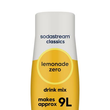 SodaStream Classics Lemonade Zero drink mix bottle with white cap and yellow label, makes approximately 9 liters