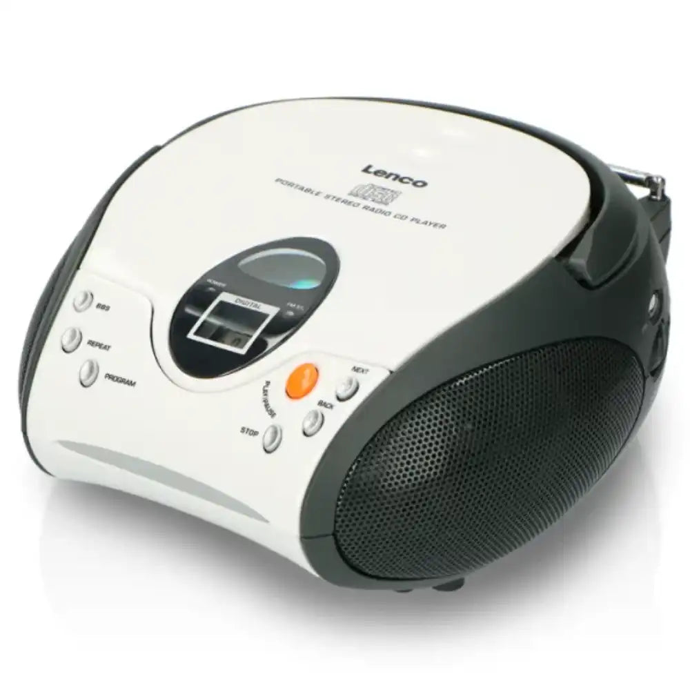 Lenco SCD-24 portable stereo FM radio CD player with white top panel, black speaker grille, digital display, and control buttons