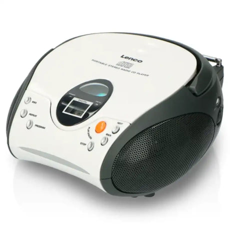 Lenco SCD-24 portable stereo FM radio CD player with white top panel, black speaker grille, digital display, and control buttons
